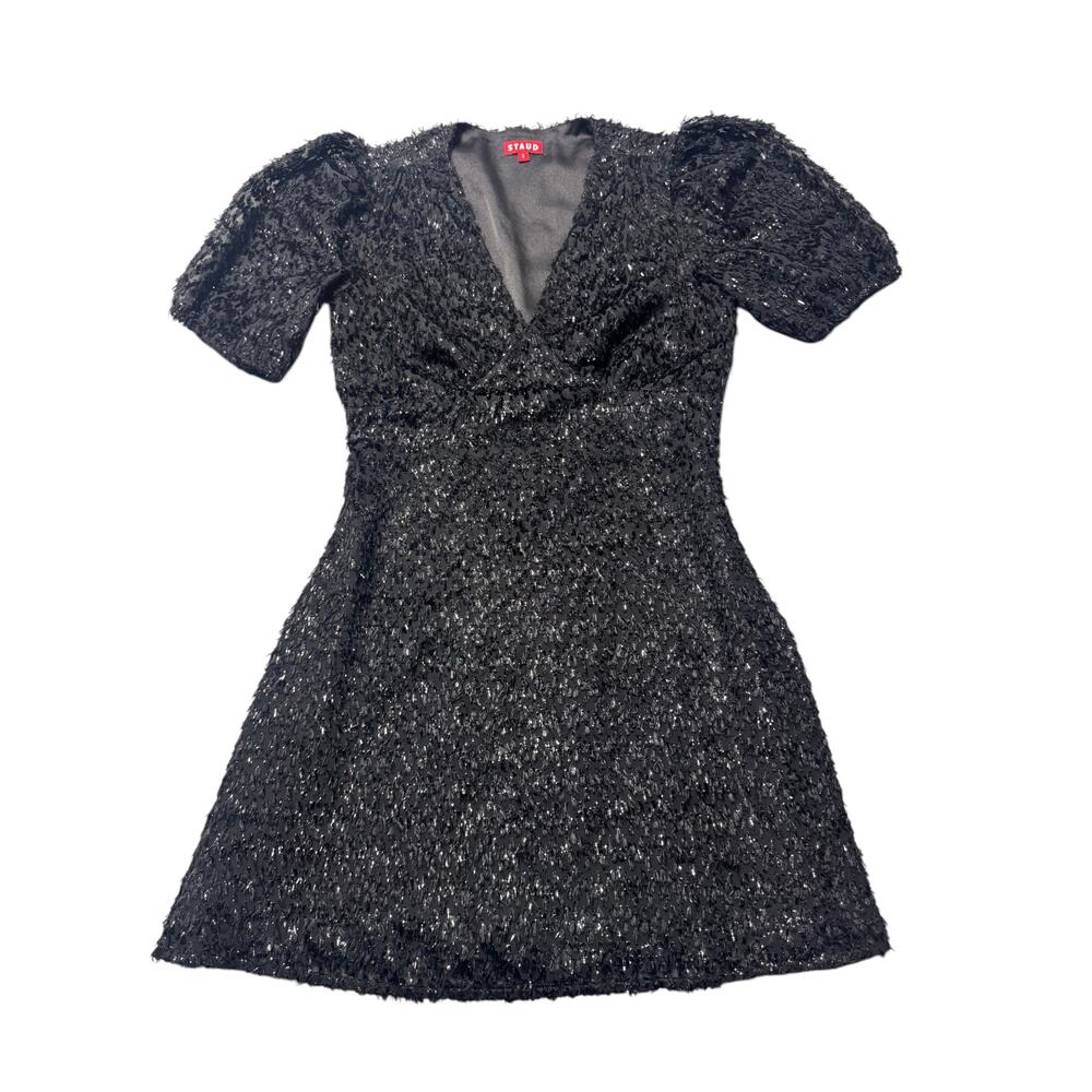 Staud Mini Dress Womens 8 Black Textured Tinsel Fringe Puff Sleeve Lined Modern - Picture 2 of 11